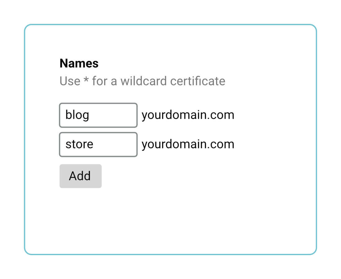 Image of interface showing ability to enter subdomains for certificates
