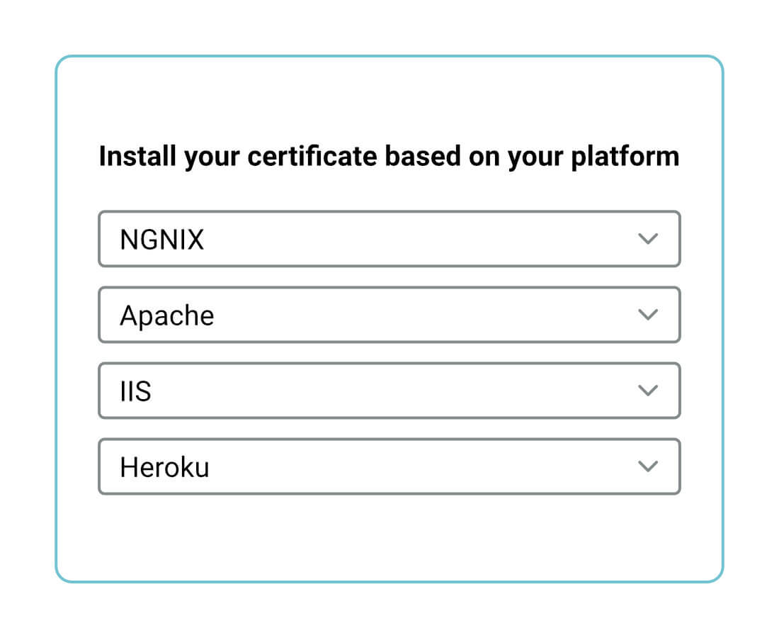 Image of interface showing dropdowns for platforms such as Heroku, Apache, IIS, and NGNIX